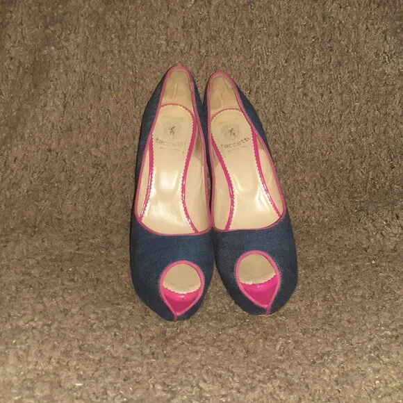 TACCETTI-Denim & Pink Patent-Peep Toe-Stiletto/Slim-Platform-Sz 37.5-Excellent - Picture 3 of 8